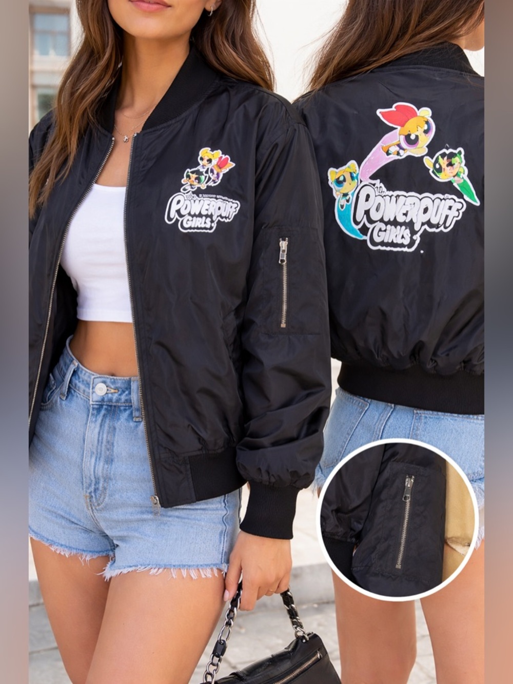 Cartoon Network Powerpuff Girls Bomber Jacket Black Nylon Zip Up Size Small